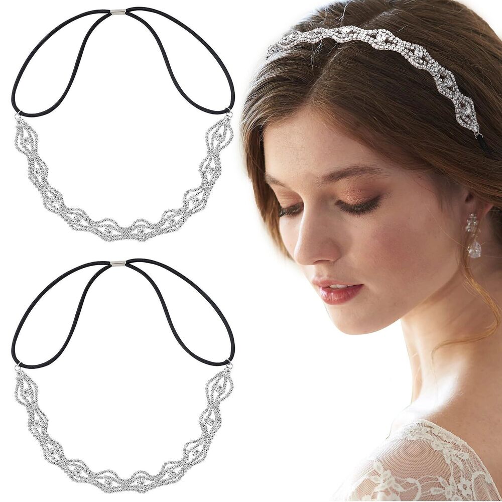1339 2pcs Elastic Rhinestone Headbands Sparkly Wave Head Chain Crown Alloy